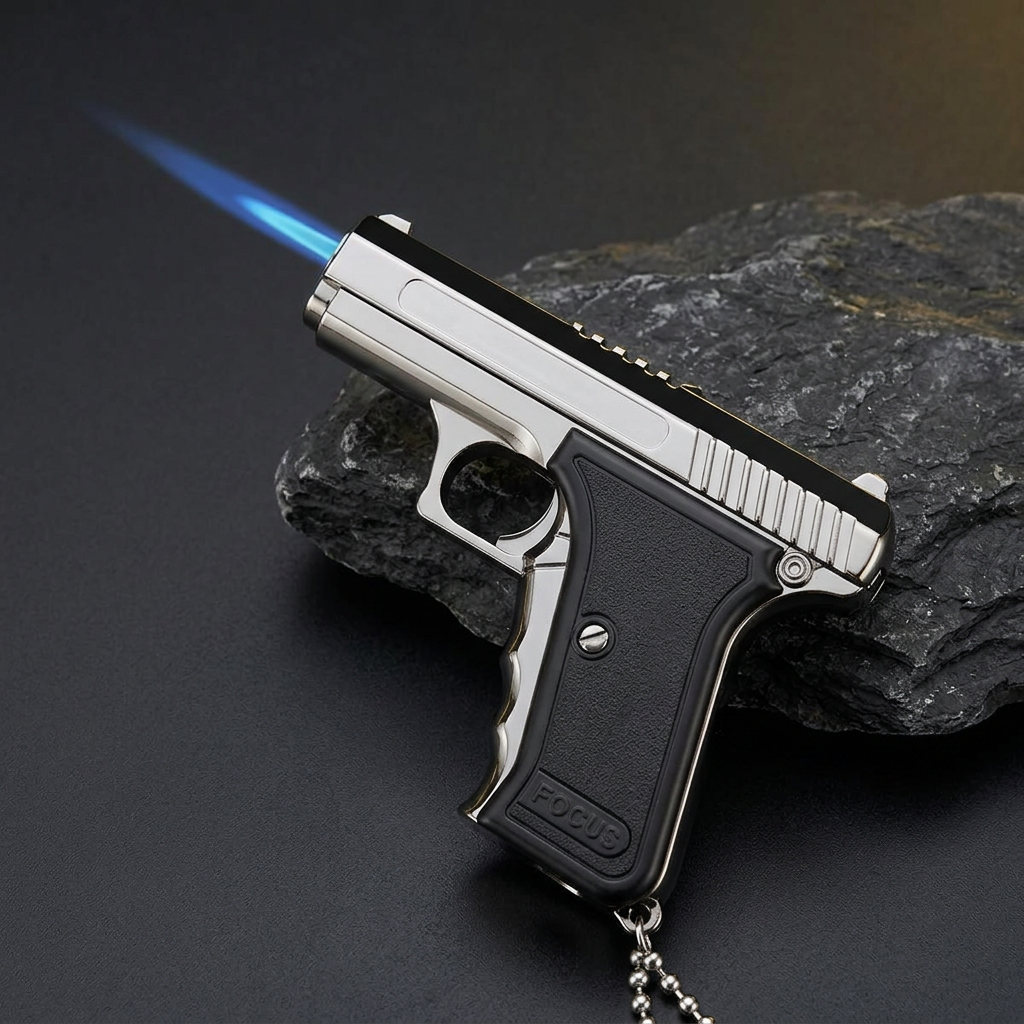 Pistol Torch gas lighter showing blue flame