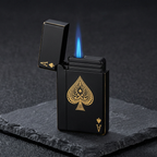 Noir Ace open flip-top lid and blue torch flame