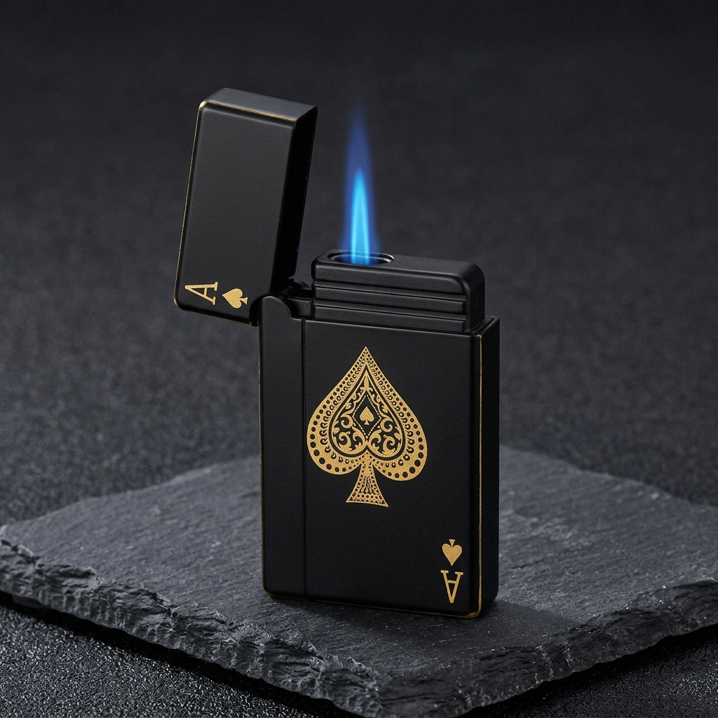 Noir Ace open flip-top lid and blue torch flame