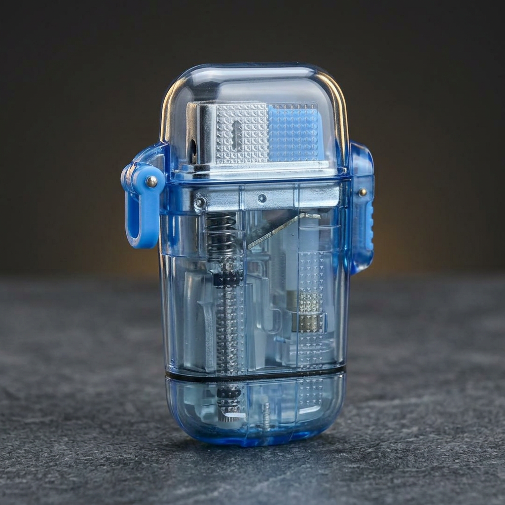 Glacier Lighter transparent blue front view on charcoal stone