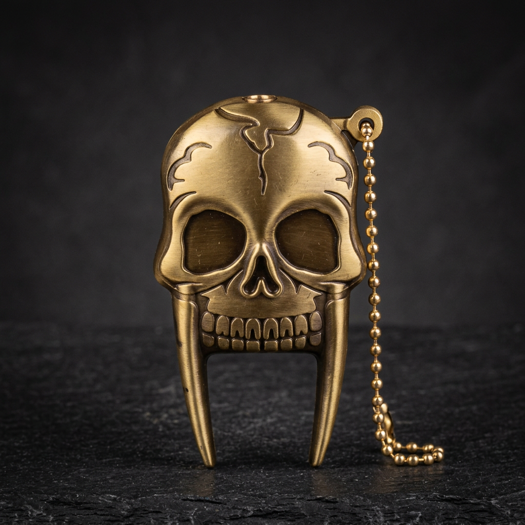 Fang gold-tone skull lighter front view