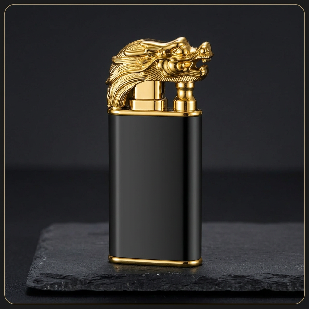 Draco Lighter black and gold-tone dragon front view