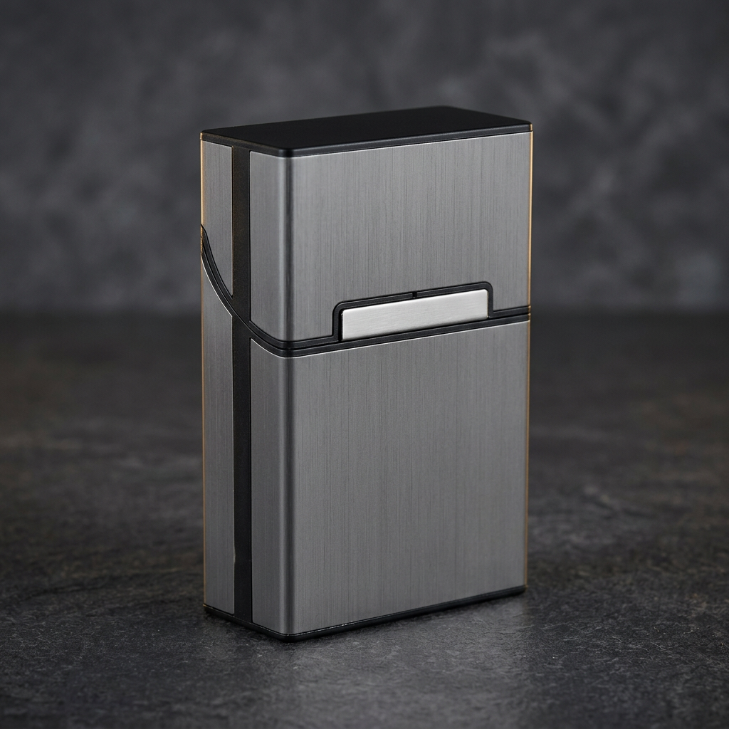 Gunmetal-grey cigarette case with dark trim on a charcoal stone background