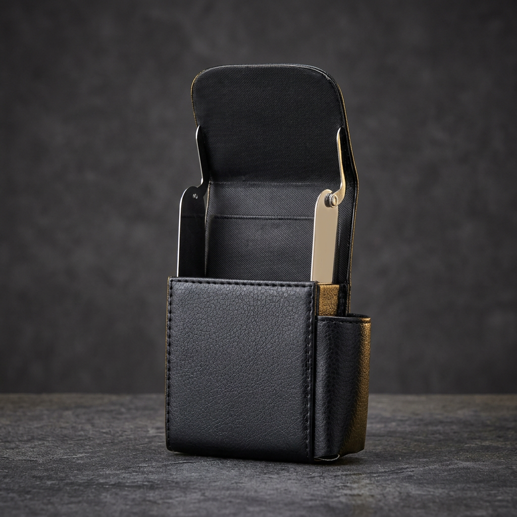 Leather Carry Case open flap and pocket view