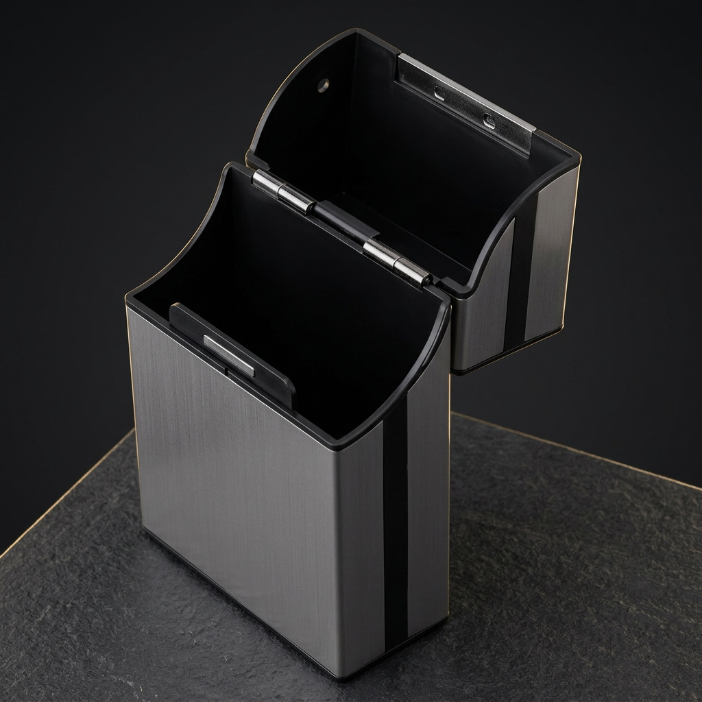 Spark Obsidian cigarette case open view on charcoal background