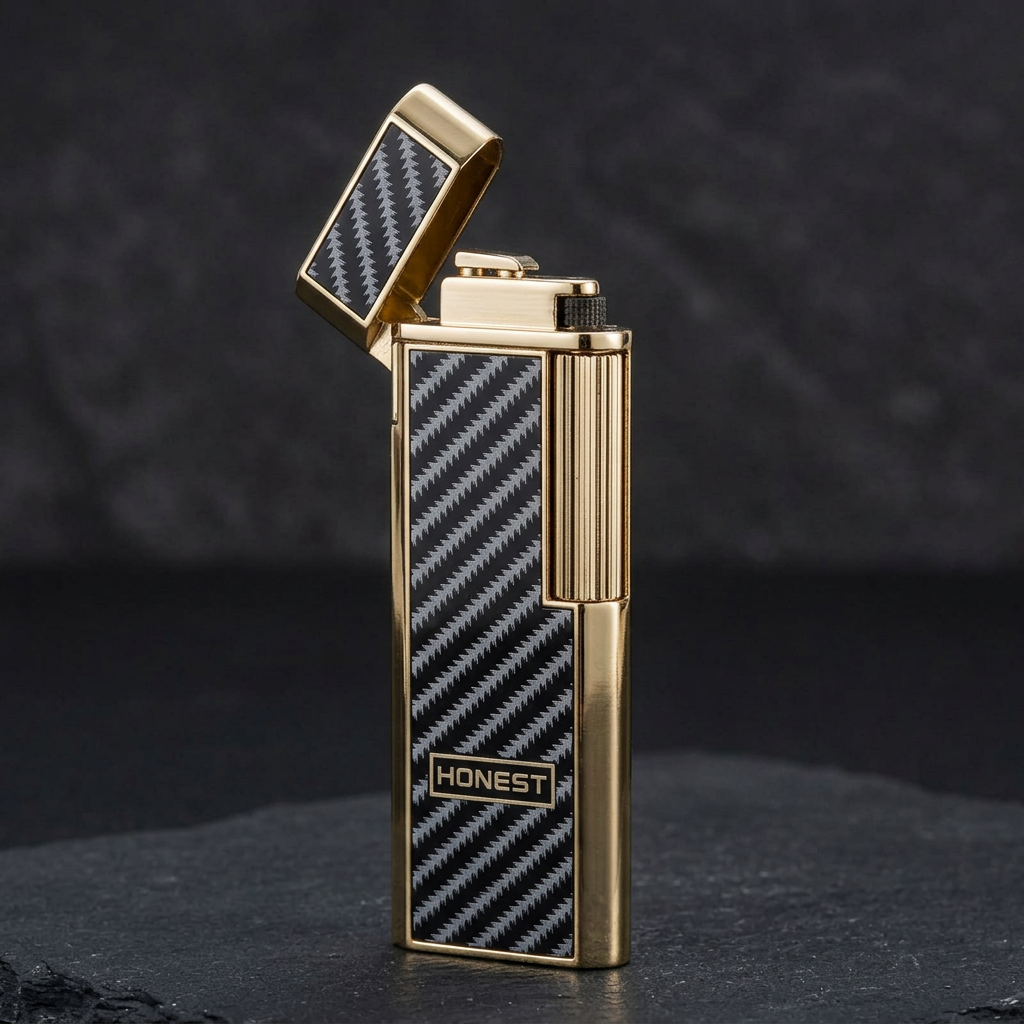 Regal lighter with hinged cap open